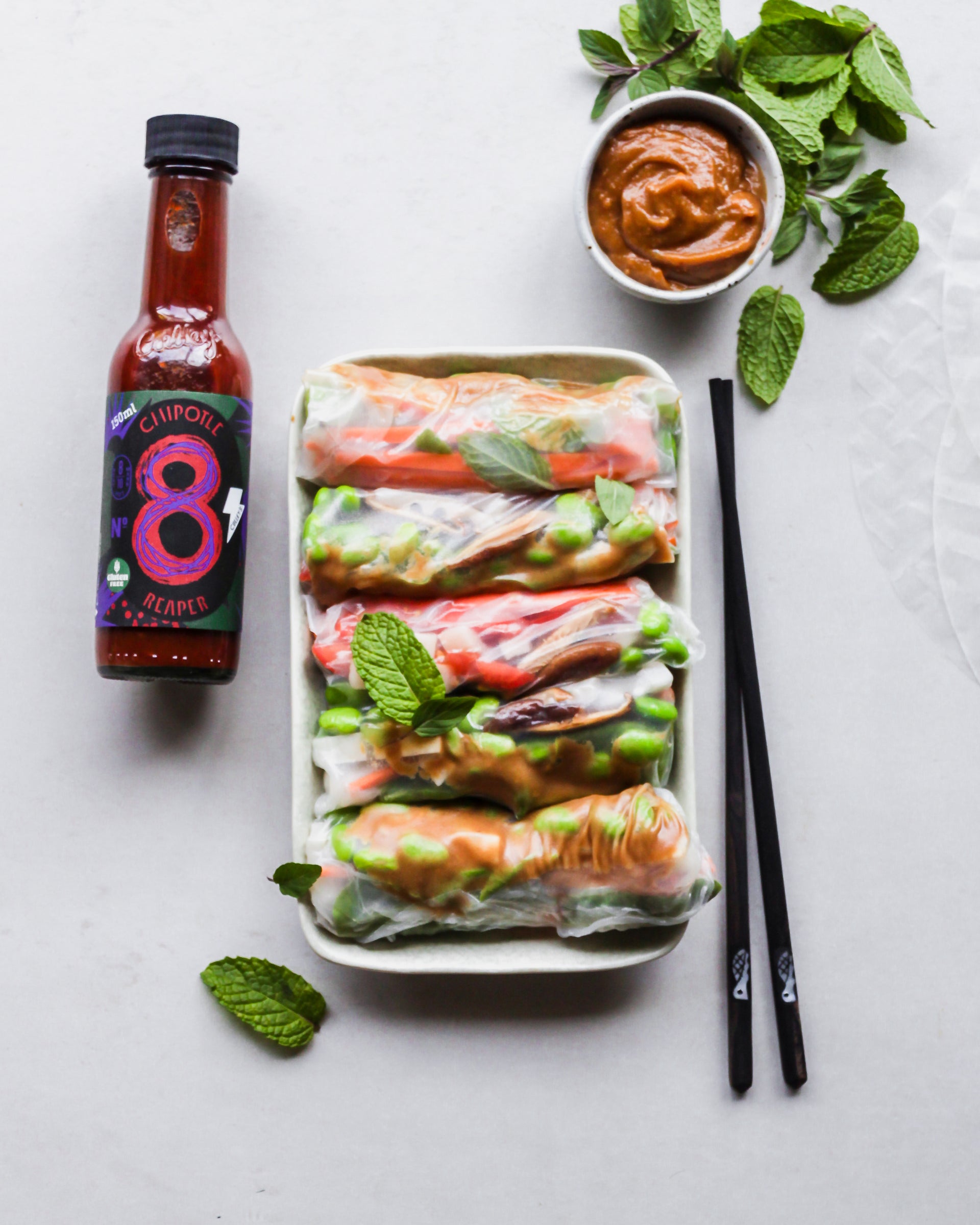 Fresh Rice Paper Rolls with Maple, Peanut & Chipotle Dipping Sauce